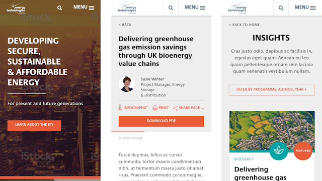 Mobile mockups of the ETI website