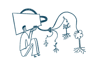 Illustration of a person holding a watering can that waters many plants
