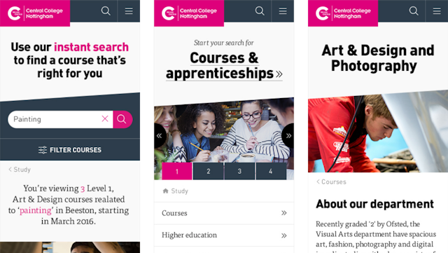 Mobile mockups of the Nottingham College website