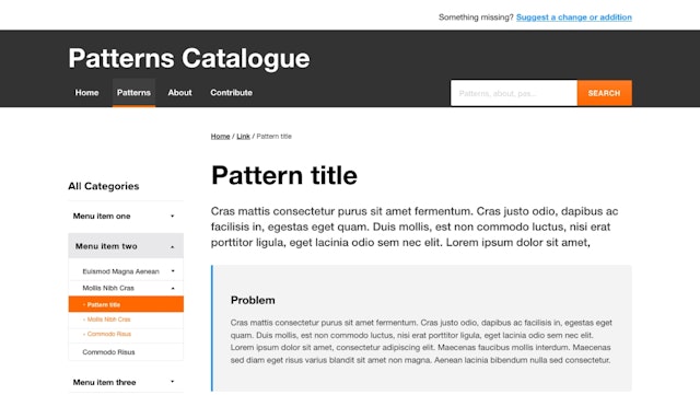 A desktop mockup of the ODI Patterns Catalogue website