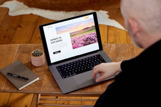 Rewilding Britain website on a laptop screen, photograph taken over someones shoulder