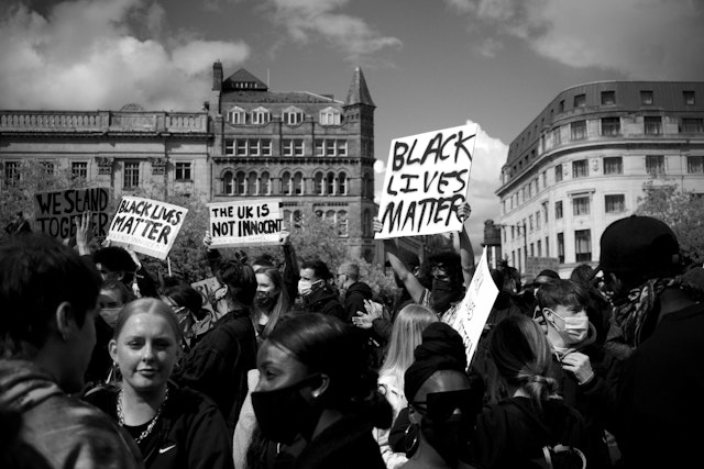 Black and white image of BML protestors