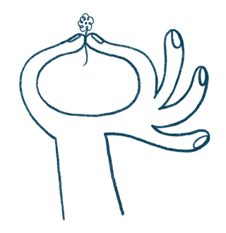 A giant friendly hand, holding a small flower