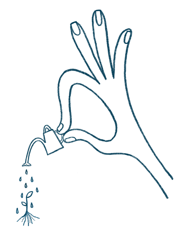 An illustration of a large hand using a small watering can on a seedling