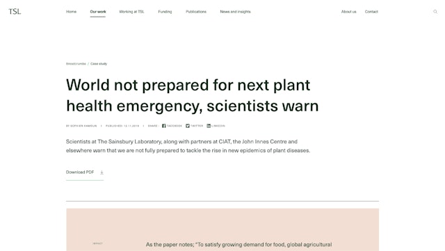 A desktop mockup of a news article on The Sainsbury Laboratory website