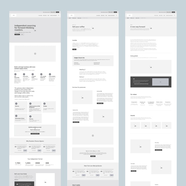 Algrano website wireframes