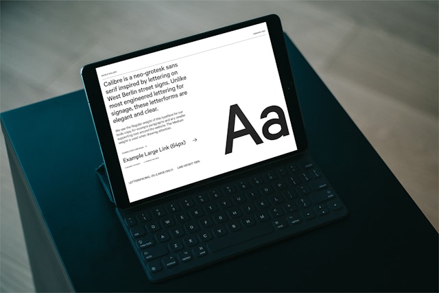 A page from a brand guidelines document on a tablet device, showing the choice of typeface for the Backlit website