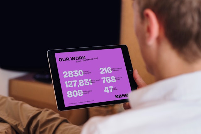 Mockup of Base 51 fundraising document on a tablet screen