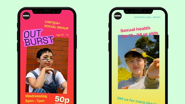 Mockup of Base 51 social media posts on two smartphones