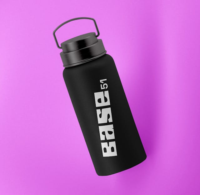 a water bottle with the Base 51 Logo