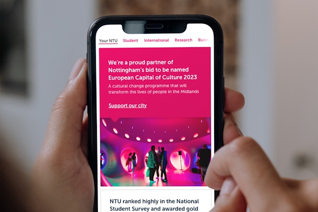A page from the NTU website on a mobile device