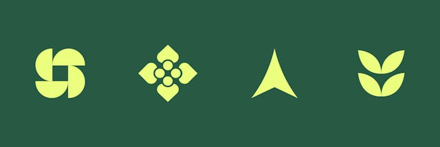 Set of four StrongerRoots icon designs in neon green on a dark green background representing growth, connection and community.