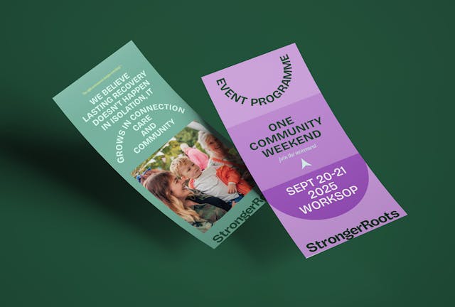 Two StrongerRoots event flyers in green and purple promoting the One Community Weekend, featuring photos of families and the message “Grow a recovery-friendly future.”