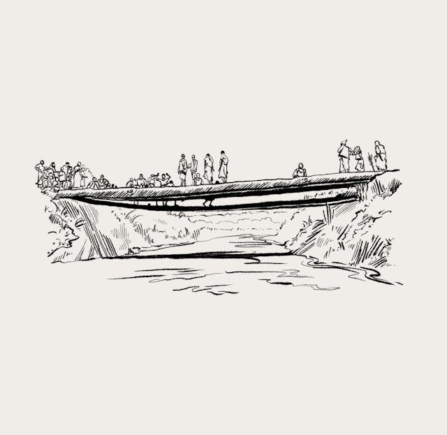 Illustration of a group of around 20 people standing on and around a makeshift bridge over a river