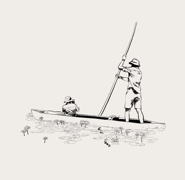 Illustration of two men in a canoe. One is sitting at the front with binoculars, the other is standing at the back propelling the canoe with a large pole.