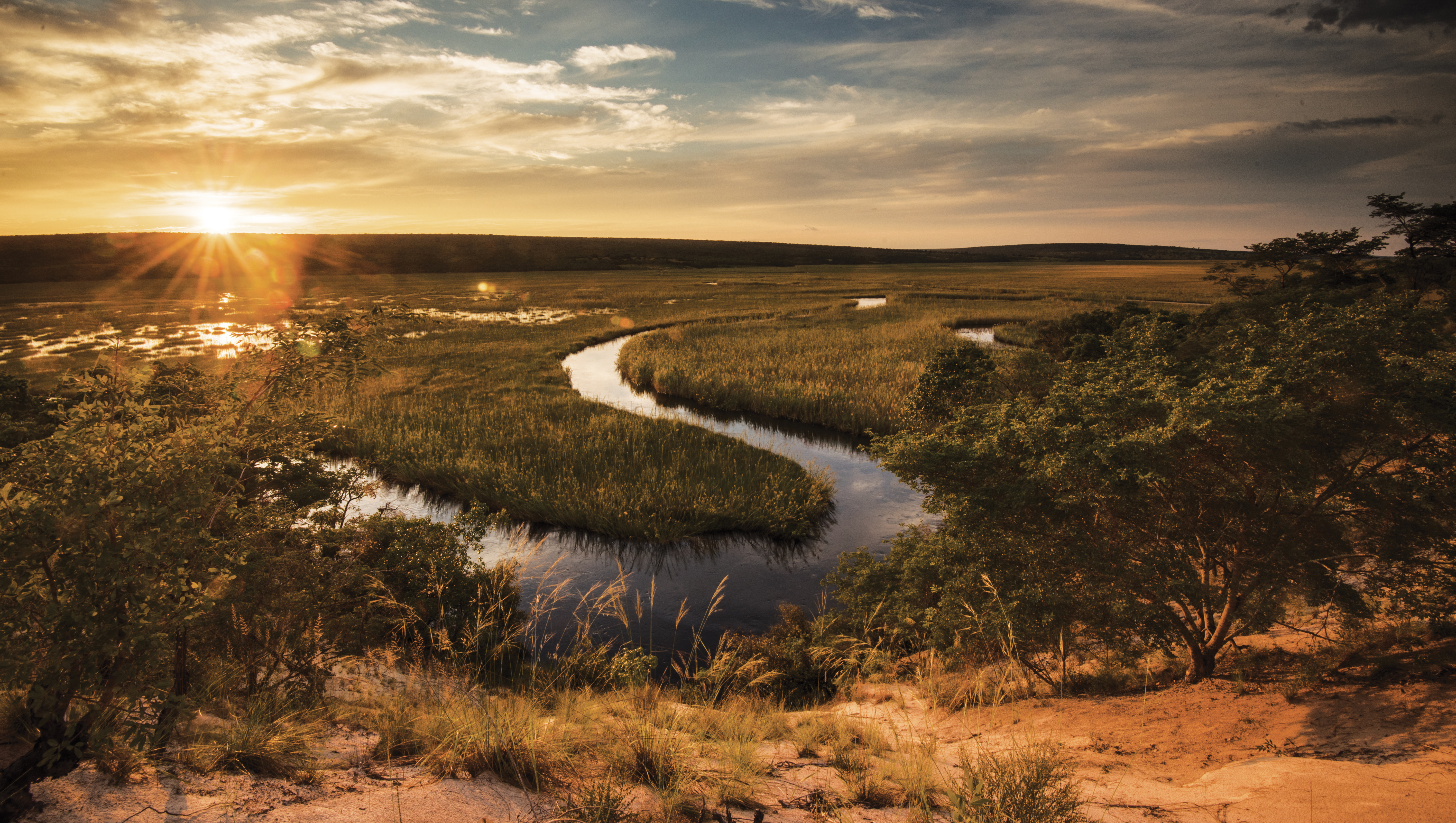 Sunset over a winding river in a grassy marshland, with warm golden light reflecting on the water