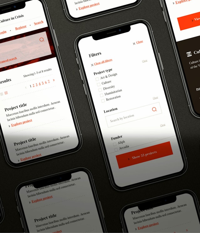 The Culture in Crisis portal shown on multiple mobile screens